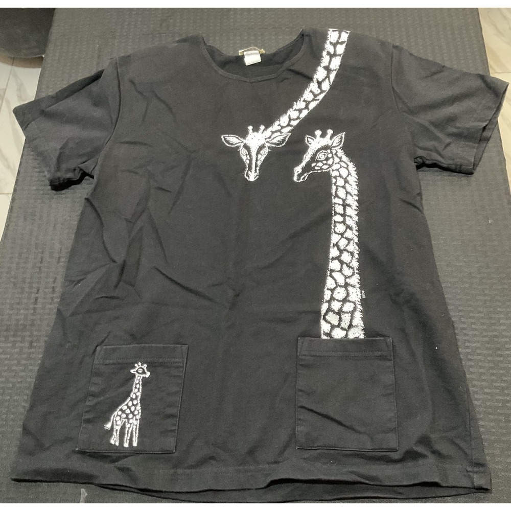 Vintage Cite Shirt Womens Medium Black Giraffe Graphic Tunic Pockets Cotton Top